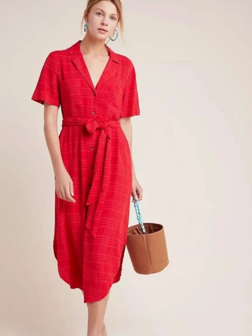 Anthropologie Maeve Hot Pink Red Striped Crinkle Button Up Midi Dress